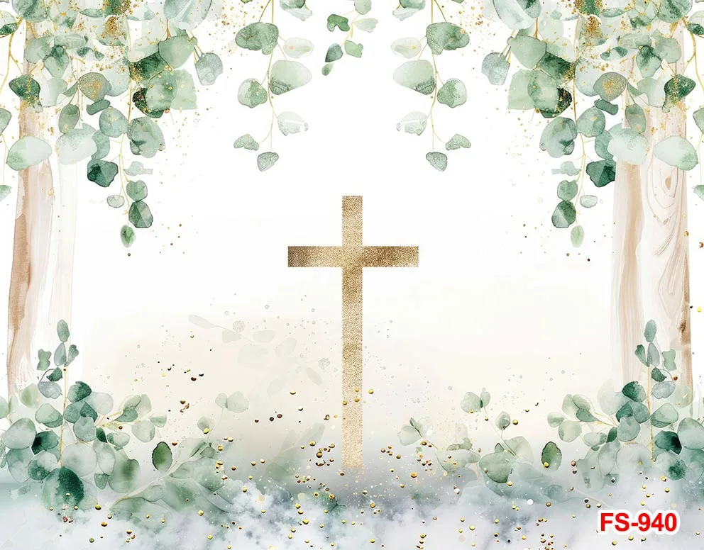 Caixas de Fotografia Golden Cross, Minha Primeira Comunhão, God Bless, Batizado Recém-nascido, Folhas Verdes, Crianças Batismo Backgrounds
