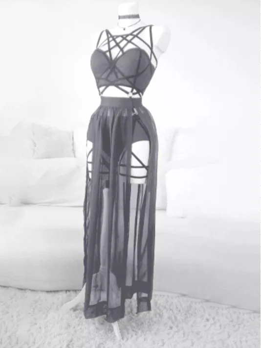 AltGoth Gothic Nachtclub Sexy Rock-Set für Damen, Durchsichtige Netz-Rückenfreie Crop-Tops, Emo Alt Punk Hochgeschnittene Unterhose, Rock, 3-teilig