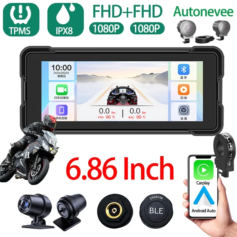 

Autonevee Motorcycle Carplay WaterProof 6.86‘’ WiFi Wireless Android-Auto DVR Monitor Dash Camera GPS Navigation TPMS Bluetooth