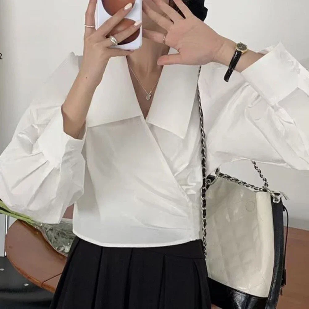 Autumn Season Waist Cross-over Shirt Casual Female Shirt Lapel Neckline Polyester Fabric Slightly Elastic Solid Color Pattern