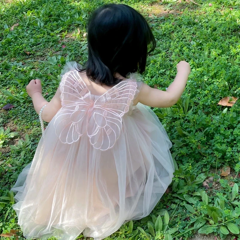 Summer Girls Kawaii Angel Wings Fairy Puffy Dress Toddler Kid New Mesh Sling Birthday Princess Dress Soft Girls Casual Dresses