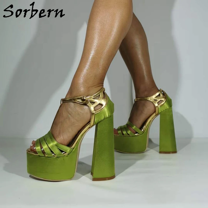 Sorbern Green Satin Women Sandal Block High Heel Thick Platform Shoes Covered Heeled Large Size Female Sandals Multi Color