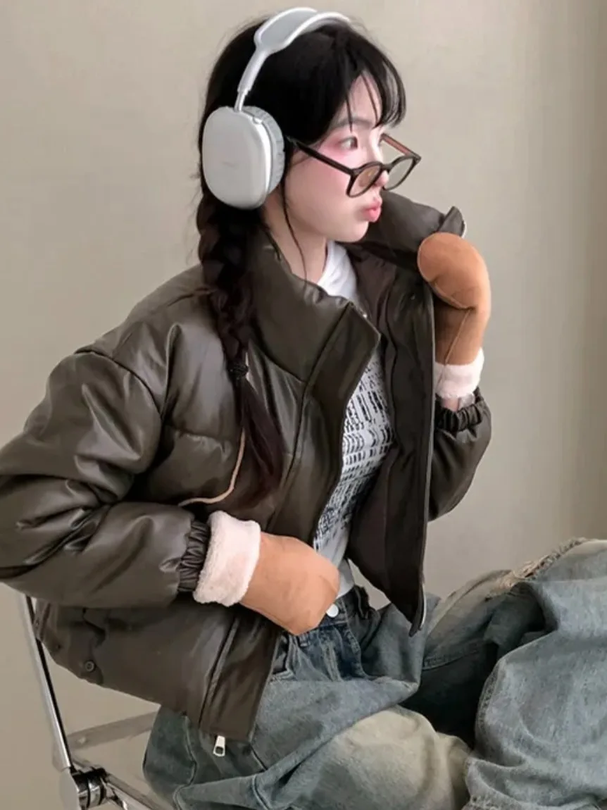 

Корейское женское хлопковое пальто из искусственной кожи или Thiened, зимнее новое свободное универсальное хлопковое пальто с хлебом, верхняя одежда