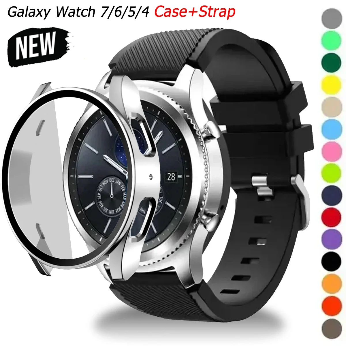 Glass Case +Band for Samsung Galaxy Watch 7/6/5/4 40 44mm Tempered PC Cover Silicone Sport Bracelet Watch 7/6/5/4 40 Accessories