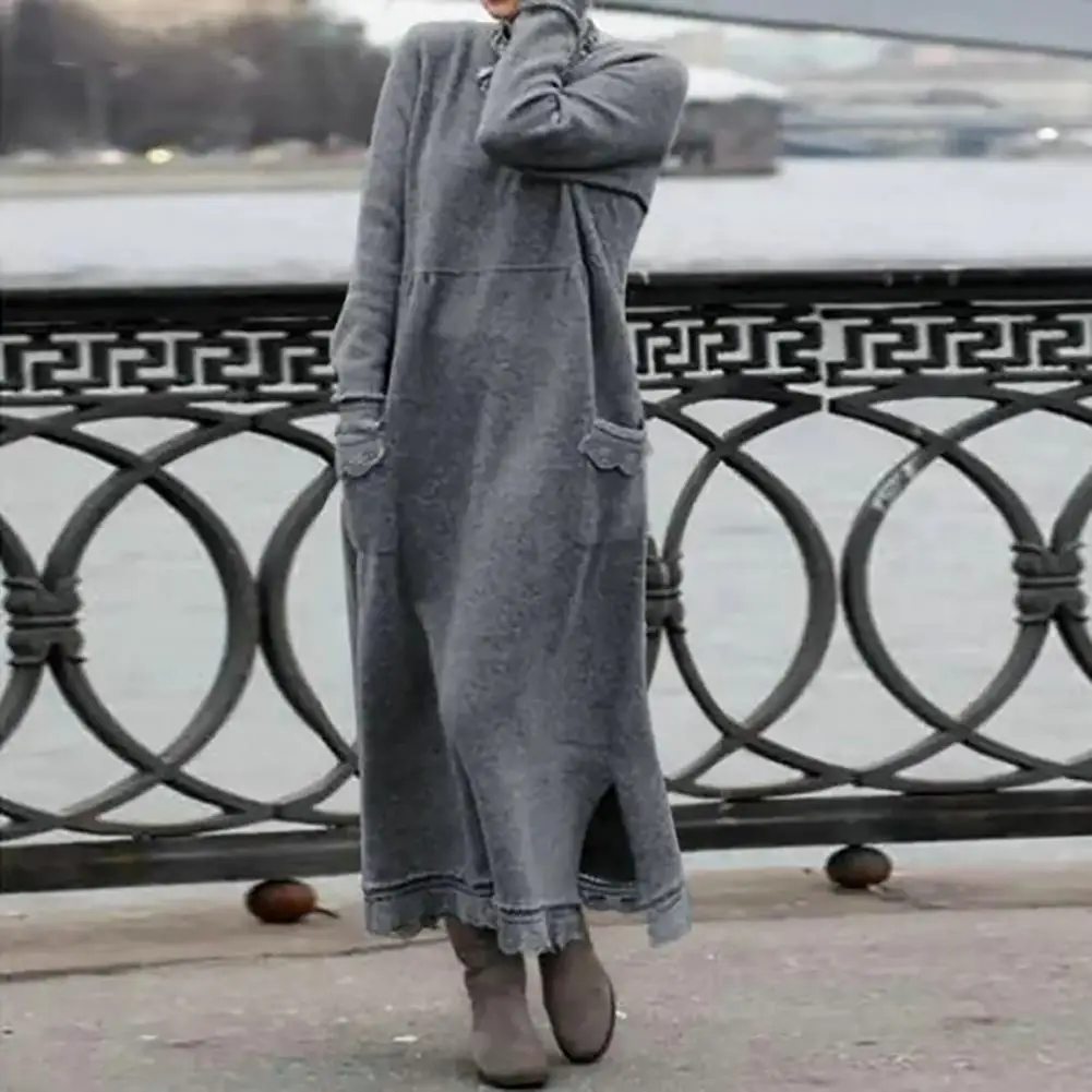 

Lace Stitching Trim Fleece Lining Sweatshirt Dress Autumn Winter Streetwear Oversized Warm Pullover Maxi Dress Daily Clothing