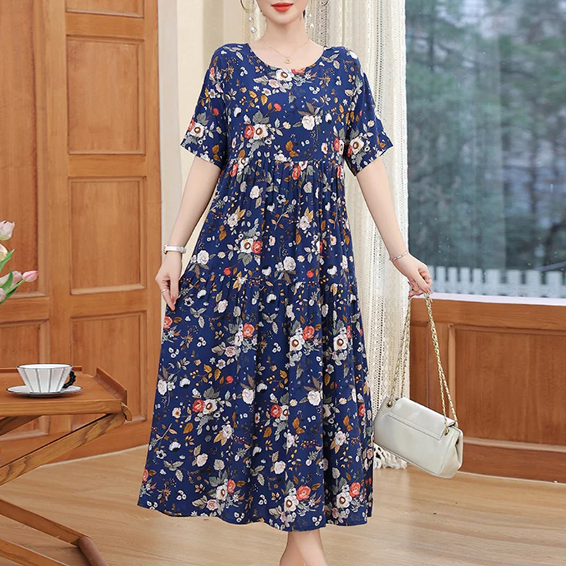 2025 Neues Damenkleid mit Blumenmuster, Lässiges Oversize-Baumwollkleid im Vintage-Stil, Langes Sommerkleid