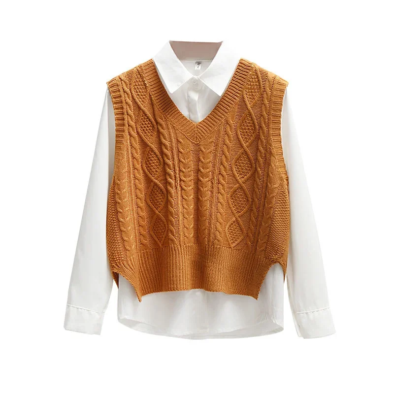 

Two-piece sweater + long-sleeved shirt knitted sweater waistcoat vest for women Korean style loose college style