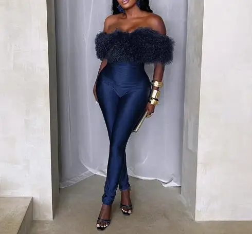 

Autumn Solid Color Fur Collar Patchwork One-Piece Shoulder Tight Jumpsuit for Women, Fashionable and Personalized Jumpsuit