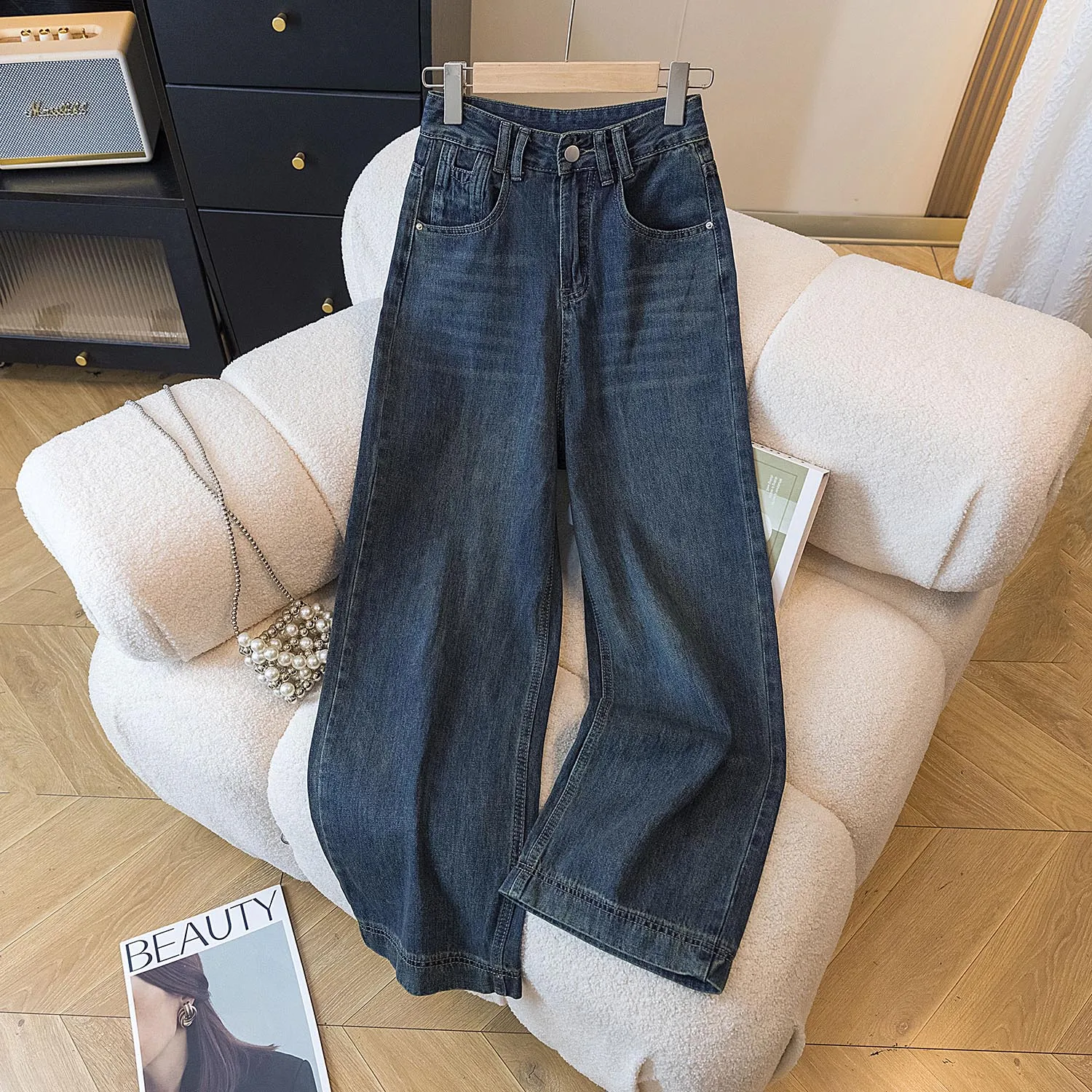 

Винтажные темпераментные свободные прямые джинсы для женщин, универсальные повседневные широкие брюки с высокой талией, осенние трендовые женские джинсовые брюки