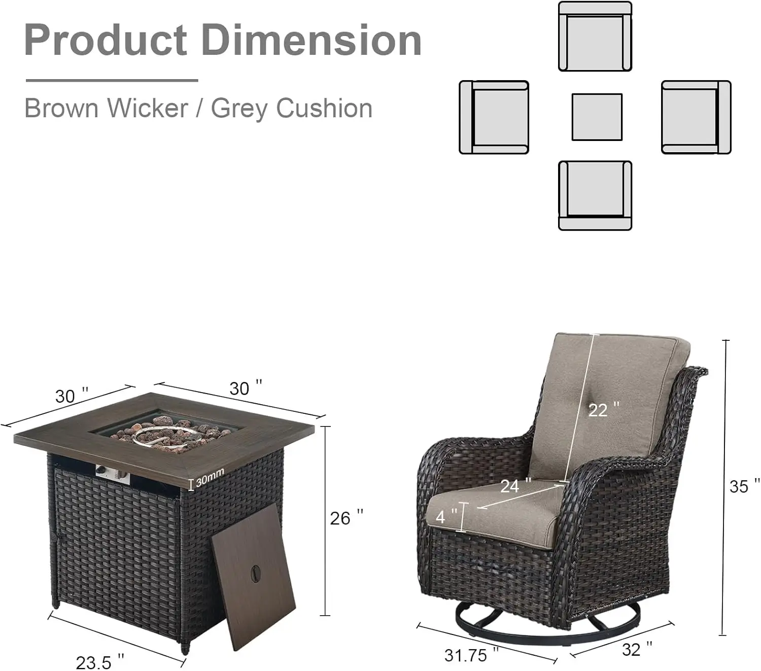 5 Pieces Patio Wicker Furniture Set - 4 Swivel Rocker Glider Chairs with Propane Fire Pit Table, Warm Patio Set Grey Cushion