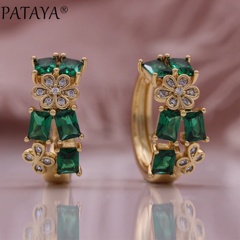 PATAYA Hot Green Natural Zircon Earring For Women Champagne Gold Color Vintage Wedding Jewelry Earrings