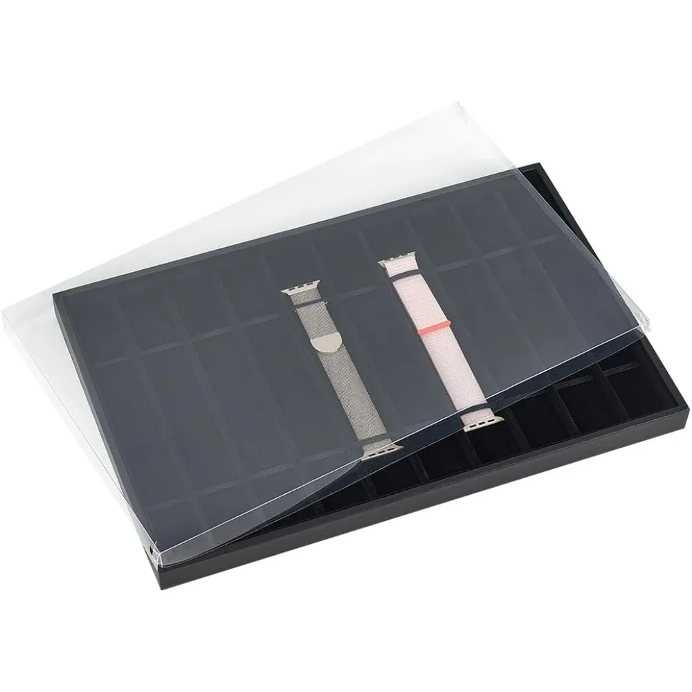 

10 Grids Watch Strap Organizer Tray 10.24x15.75x0.98 Inch Necklace Transparent PVC Plastic Lids for Watch Bands Black