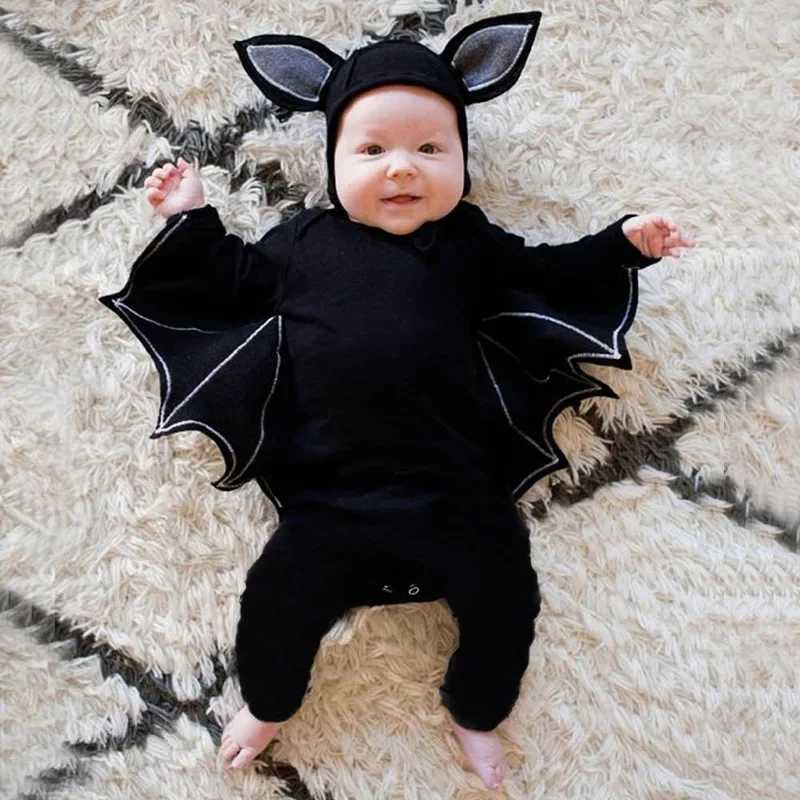 

New Toddler Newborn Baby Clothing Boys Girls Halloween Bat Cosplay Costume Long Sleeve Romper Hat Outfits Set Novelty Bat Sleeve