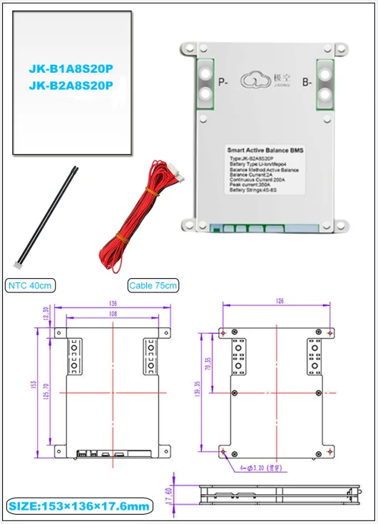 JK smart bms jkb1a8s20p bms 4s 5s 6s 8s 200ah 60v BT active balance function battery protection board for energy system