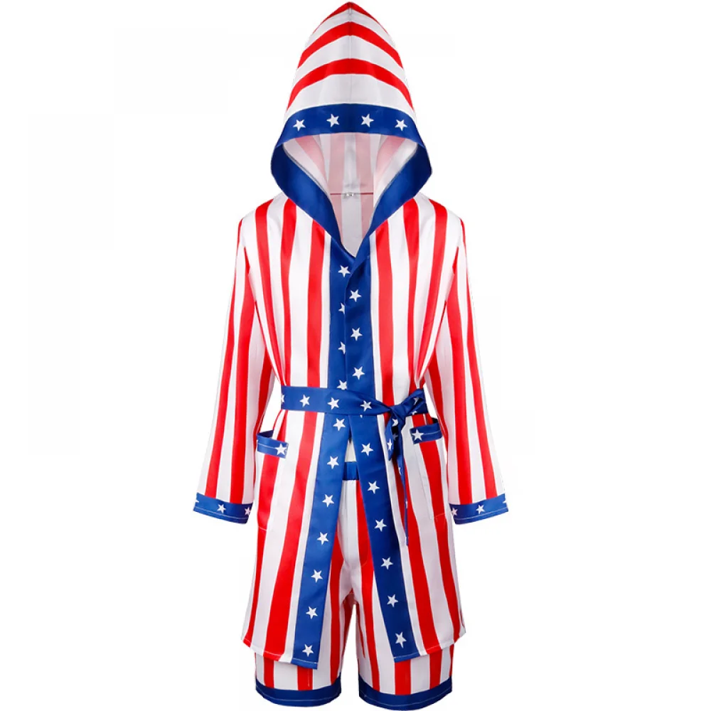 Disfraz de boxeo Unisex, disfraz de satén con bandera americana Rocky, uniforme tipo bóxer, bata con capucha, pantalones cortos para mujeres y hombres, traje elegante para Halloween