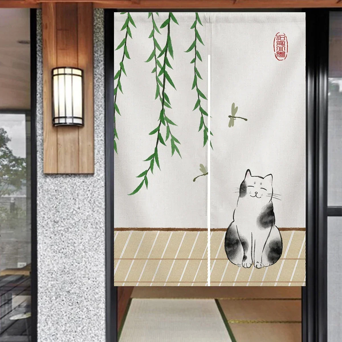 Cortina de puerta de gato de sauce Noren japonés, póster de habitación, decoración para Baño