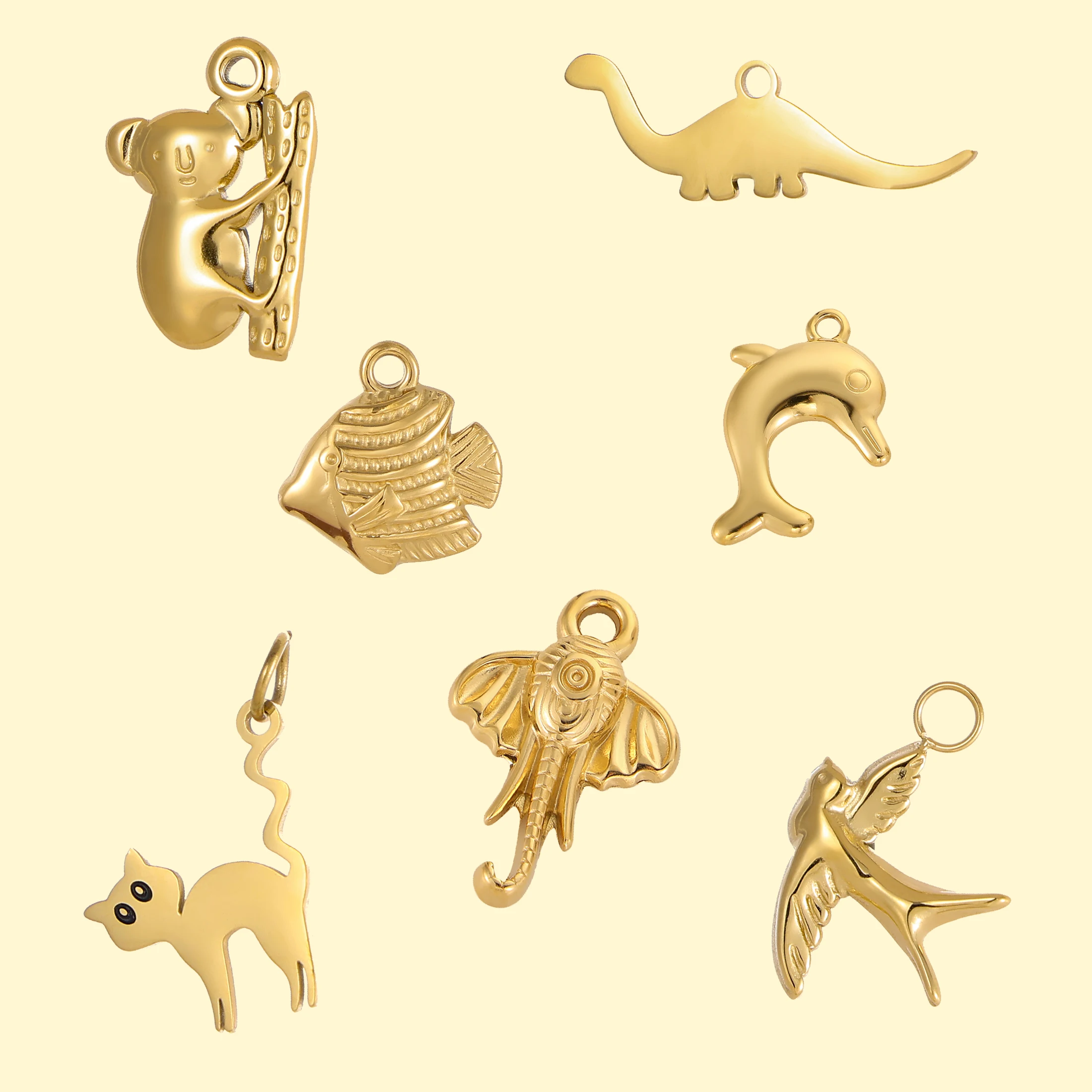 Stainless Steel Simple Ocean Shell Cat Fish Bird Pendant Charm Gold Plated Charm For Bracelet Earrings DIY Jewelry