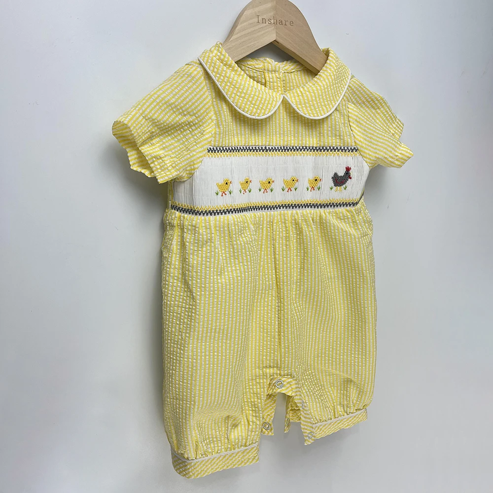 Abbigliamento Boutique per bambini estate a maniche corte ragazzi e ragazze tuta in cotone a bolle per bambini ricamo pulcino Smocked carino