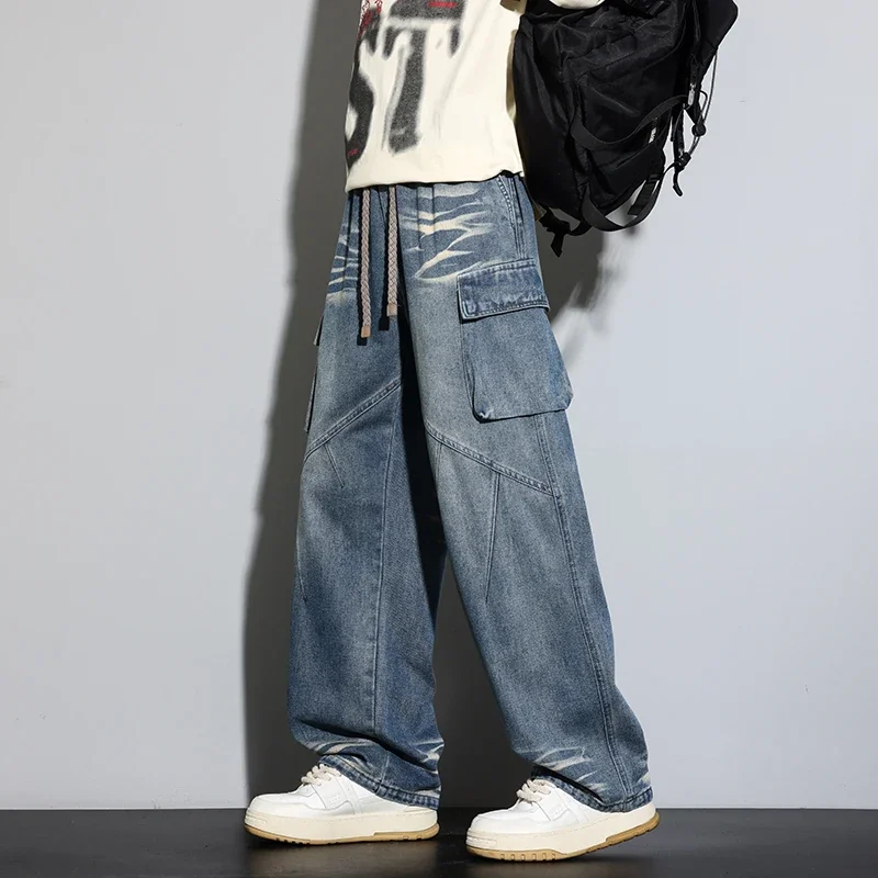 Spring Autumn 390g Wide Leg Washing Jean Pants Men Trousers Neutral Loose Casual Fashion Young Trend Cargo Pants Big Size 9xl