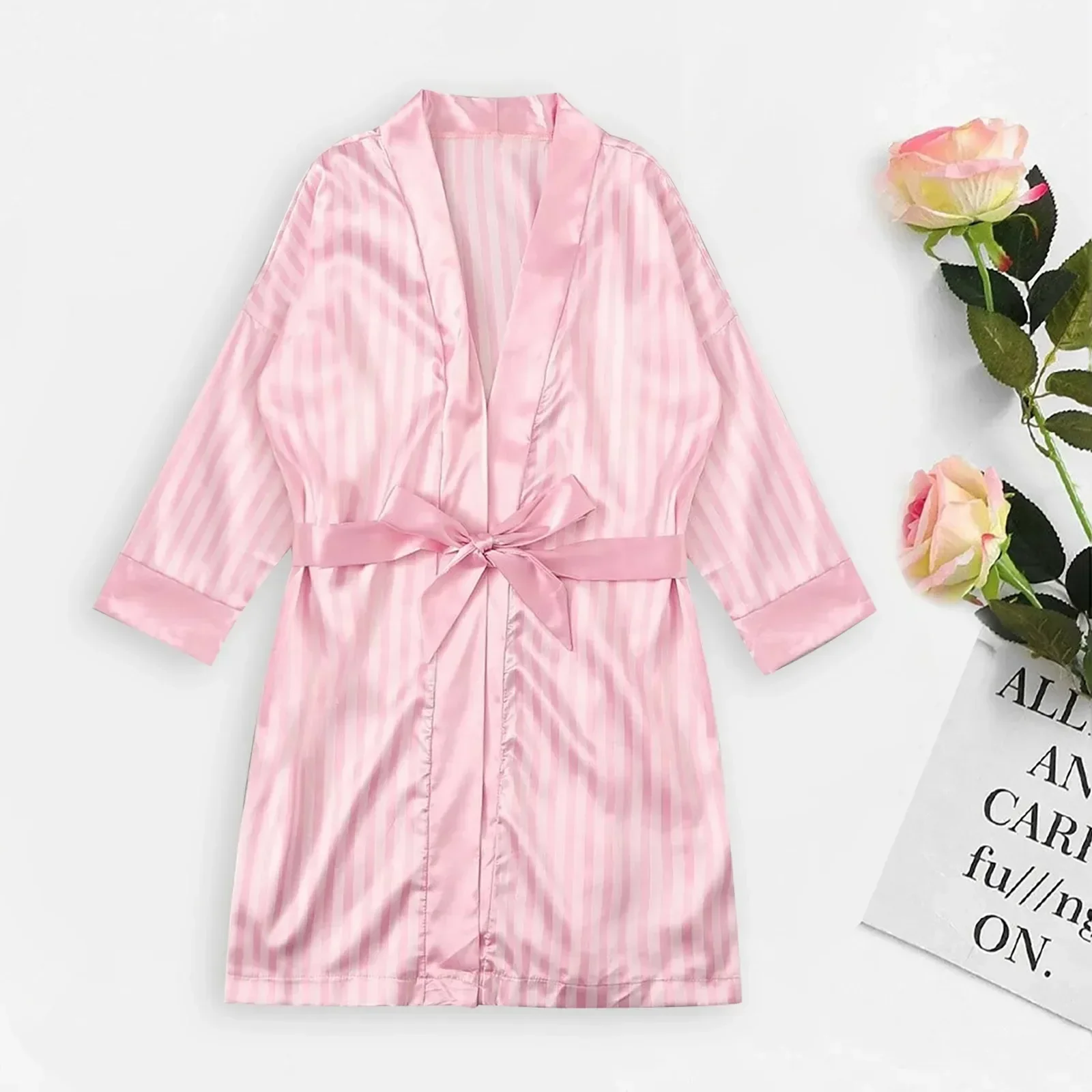 Women Satin Silk Sleepwear Striped Sexy Lingerie Pajamas Women Nightdress Underwear Robes Casual Home Wear Long-Sleeve Sleepwear image 4