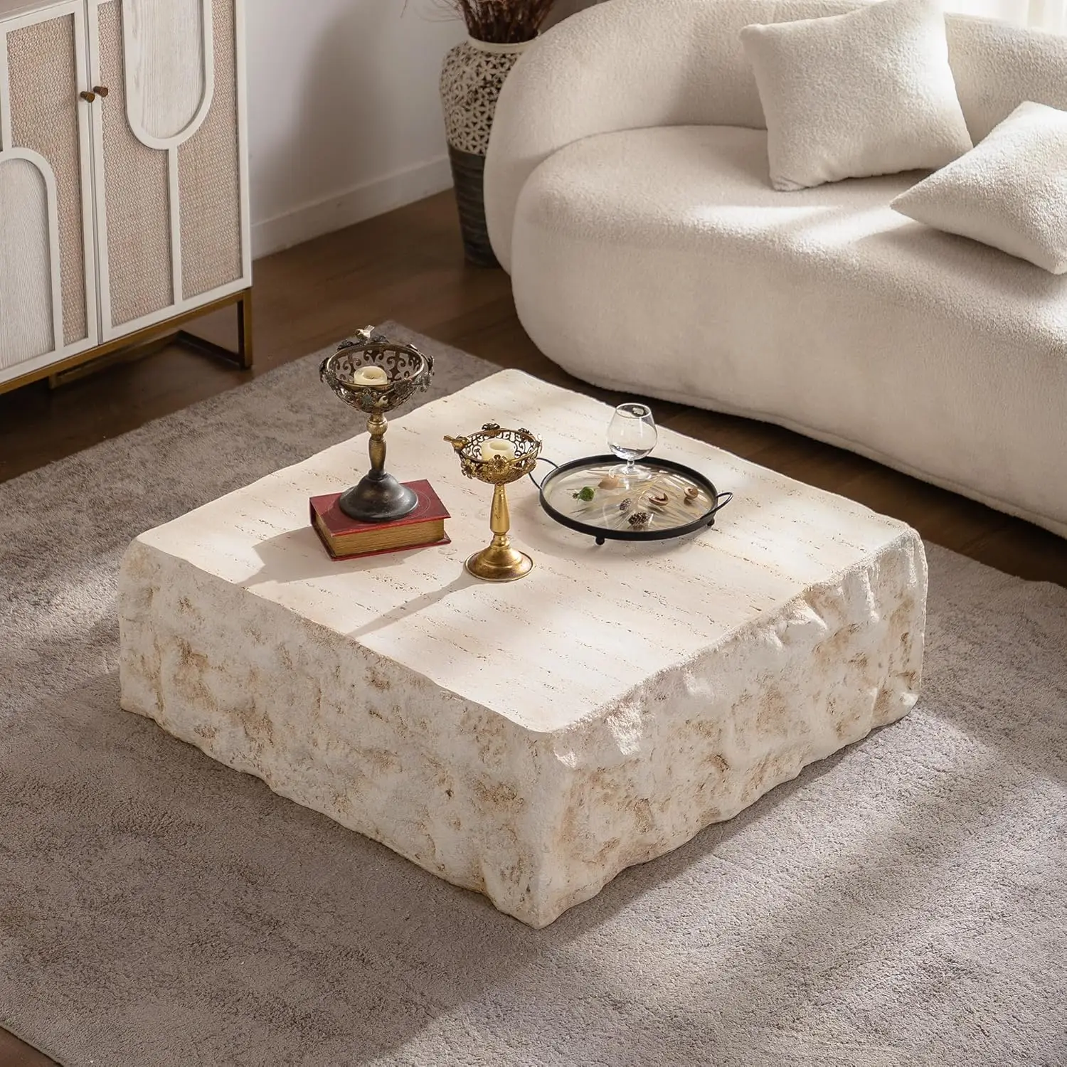 

Square Coffee Table Cement Stone Pattern Center Table for Living Room, Modern MgO Coffee Table for Apartment Garden, Customized