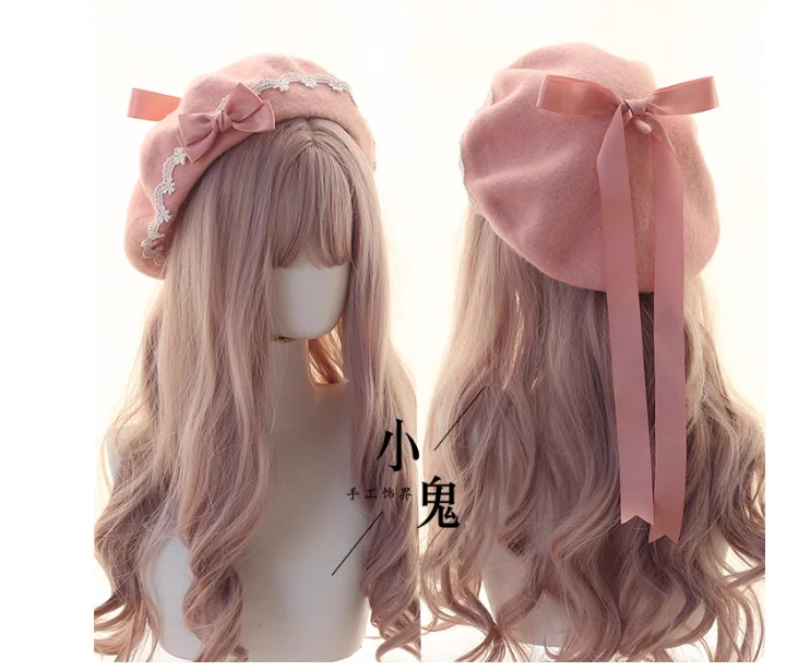 

Japanese Beret Lolita Girl Heart Sweet Woolen Female Handmade Lace Bow Autumn and Winter Warm Beret