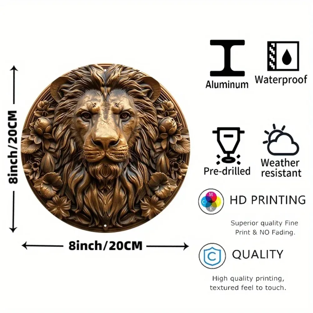 2D Round Waterproof Aluminum Metal Sign 1pc - Textured Lion Sculpture, Weather-Resistant, Ideal Outdoor Wall & Home Decor