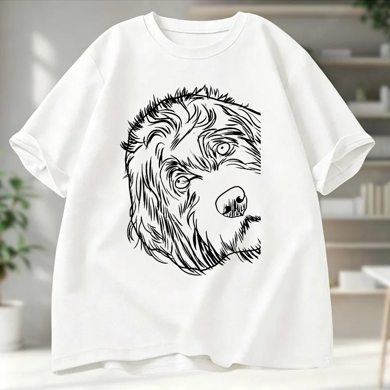 Sketch Style Cute Fluffy Dog Head Line Drawing Art Print Graphic Womens T Shirt Short Sleeve Crew Neck Casual Ladies Tee Tops