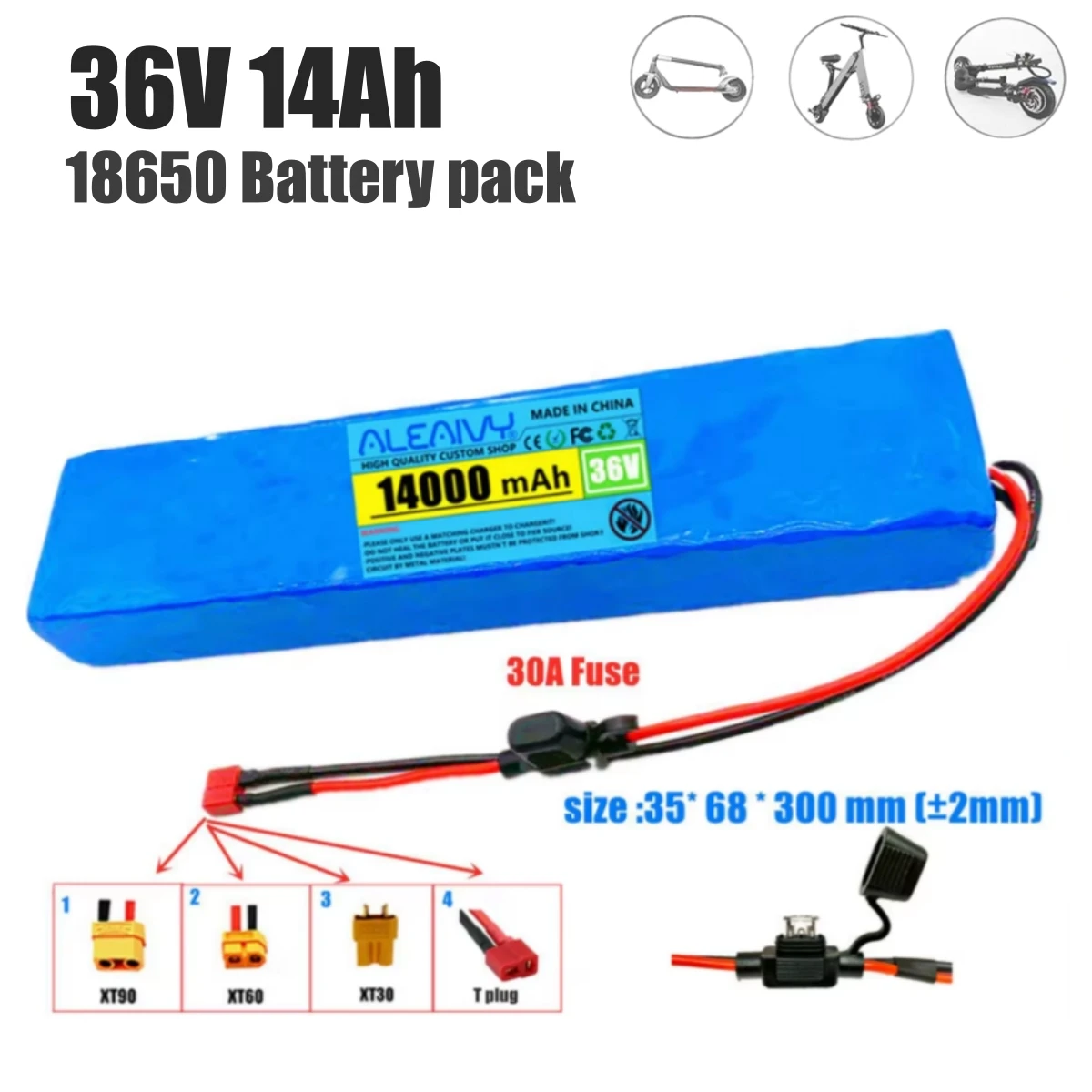 El paquete de batería de litio de 36V 14ah 10s3p es aplicable a scooters de 250W 350W 500W, bicicleta eléctrica, BMS incorporado de 30A y dispositivo de fusible