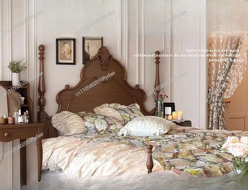 American rural solid wood bed 1.8m double master bedroom high-end atmosphere retro French light luxury wedding bed