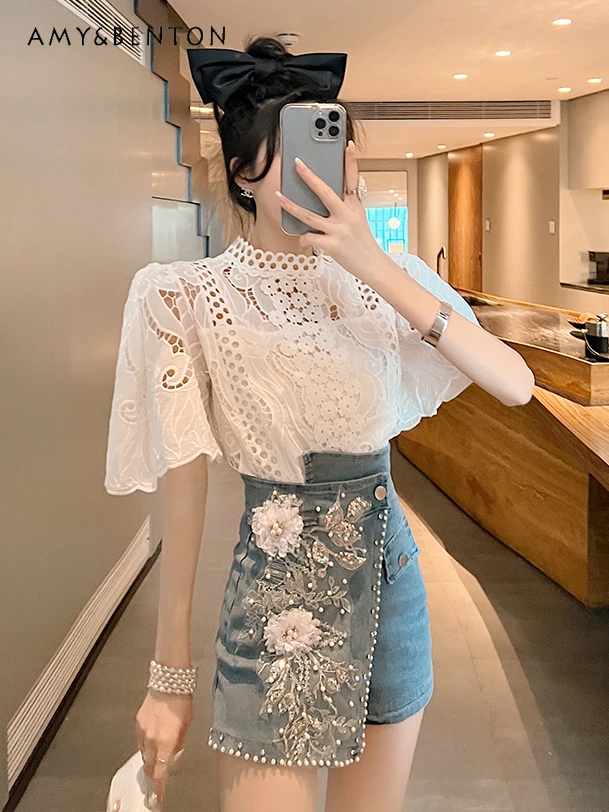 

French Elegant Hollow Lace Shirt Heavy Industry Beads Denim Skirt Two Piece Sets Womens Outifits High-Grade Socialite Skirt Sets