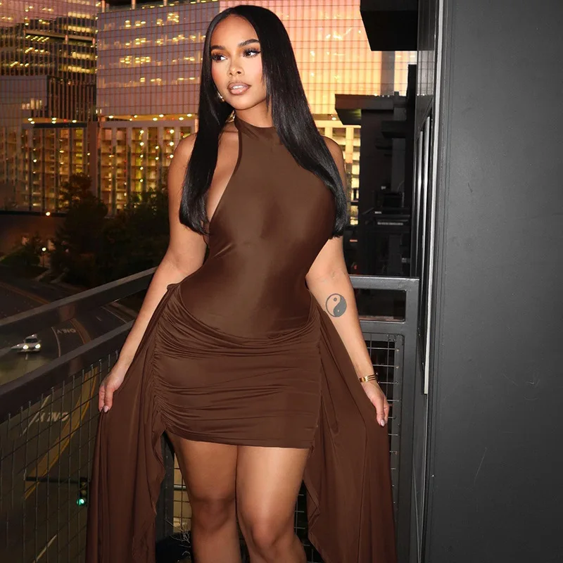 

2026 Summer Women's Sexy Neck Backless Bodycon Pleated Mini Night Club Party Dresses Vestido Plus Size 9XL 8XL 7XL 6XL XXXXXL