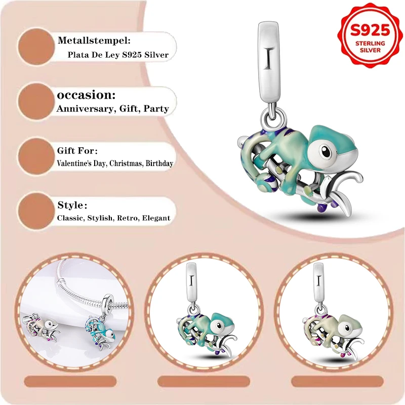 

HOT Charms Plata De Ley 925 Silver Chameleon Pendant Beads Original Women Bracelets Bangles DIY Jewelry Fine Gift