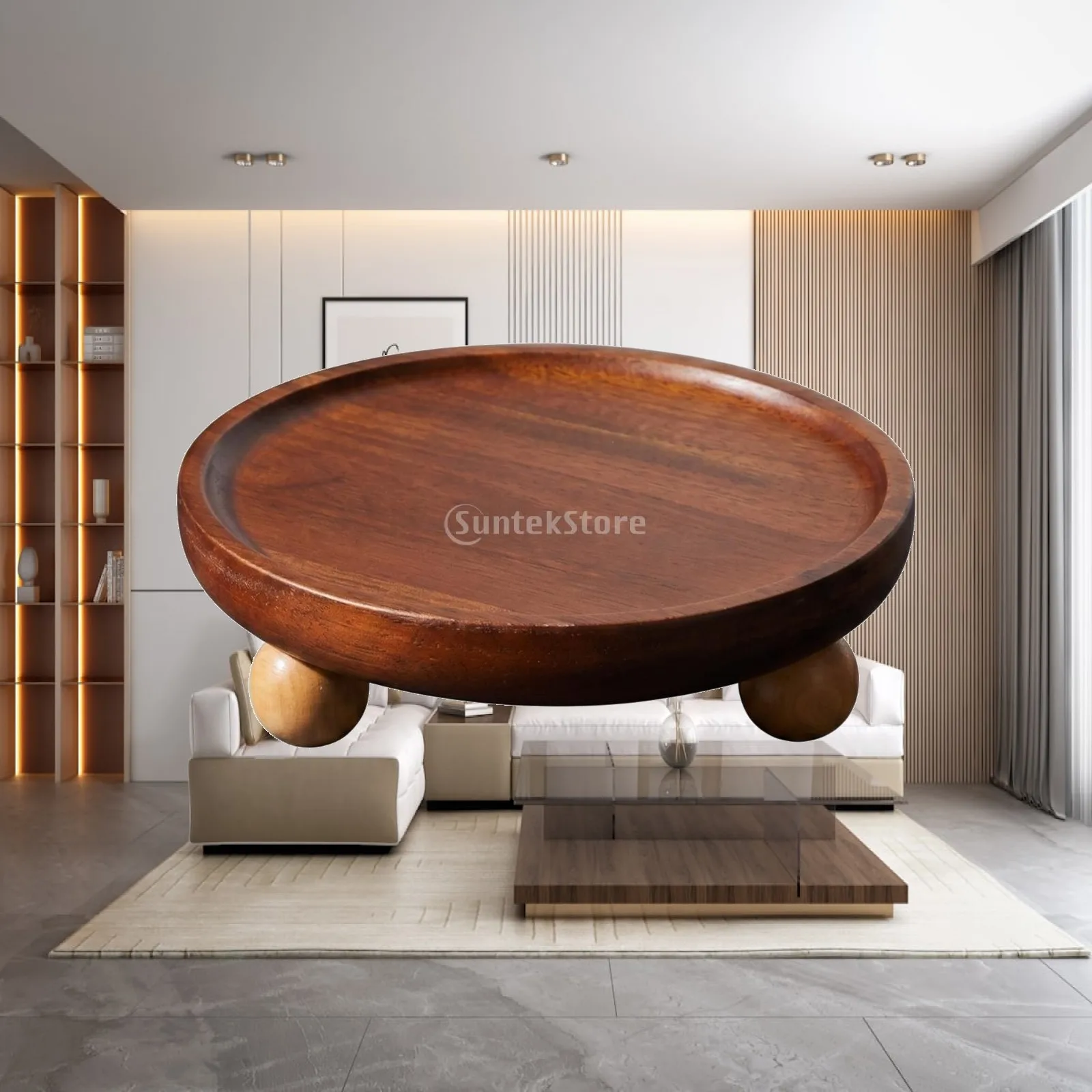 Round Acacia Tray Grain Wooden Serving Tray Polished for Entryway