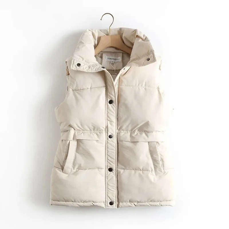 

Autumn Winter Women's New Cotton Vest Down Cotton Jacket Casual Sleeveless Stand Collar Waistcoat Loose Jacket Coat