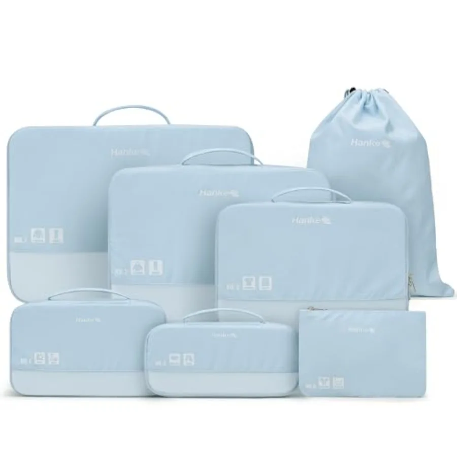

Travel packing cubes set: 7 pcs expandable compression organizers for suitcases and carry-ons, breathable mesh label, nylon fab