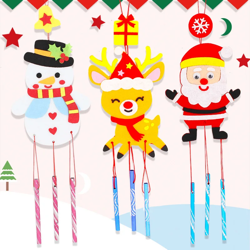 6Pcs/set Children DIY Christmas Wind Chimes Kindergarten Handmade Craft Toy Kits Windbell Arts Cartoon Hangings Stickers Decor