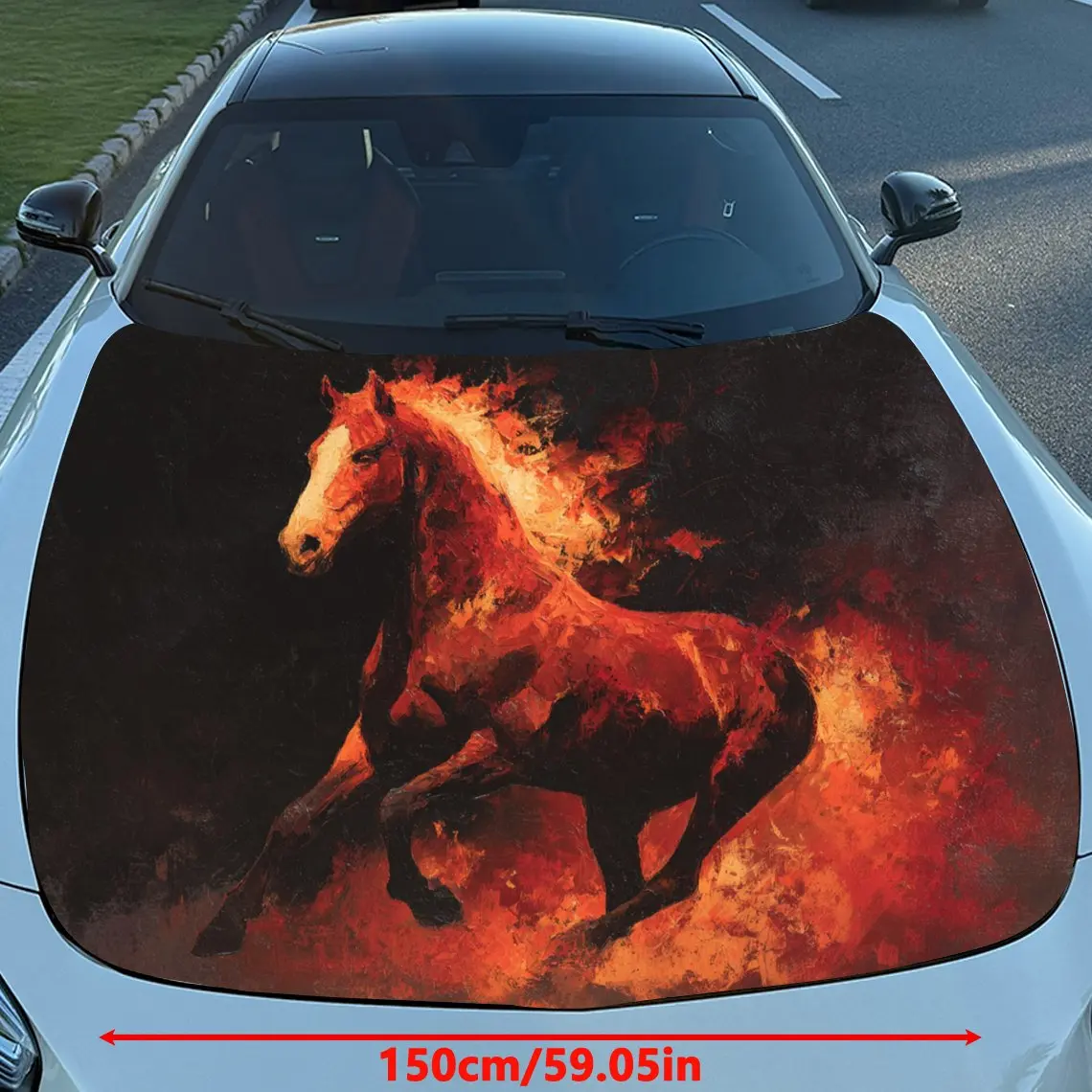 Car Decals Horse with a Dynamic, Fiery Artistic Design, Showcasing a Galloping Pose and Creating a Bold, Energetic Vibe Car Hood