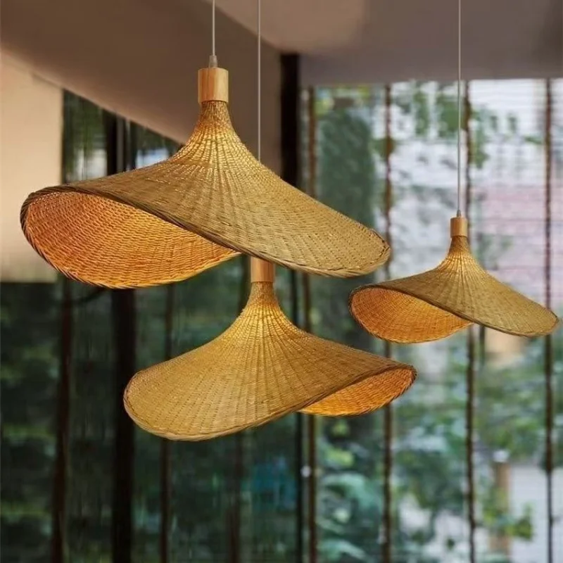 

Bamboo Woven Pendant Light Creative Restaurant Handmade Lamp Vintage Bamboo Chandelier Western Cowboy Hat Shaped Ceiling Light