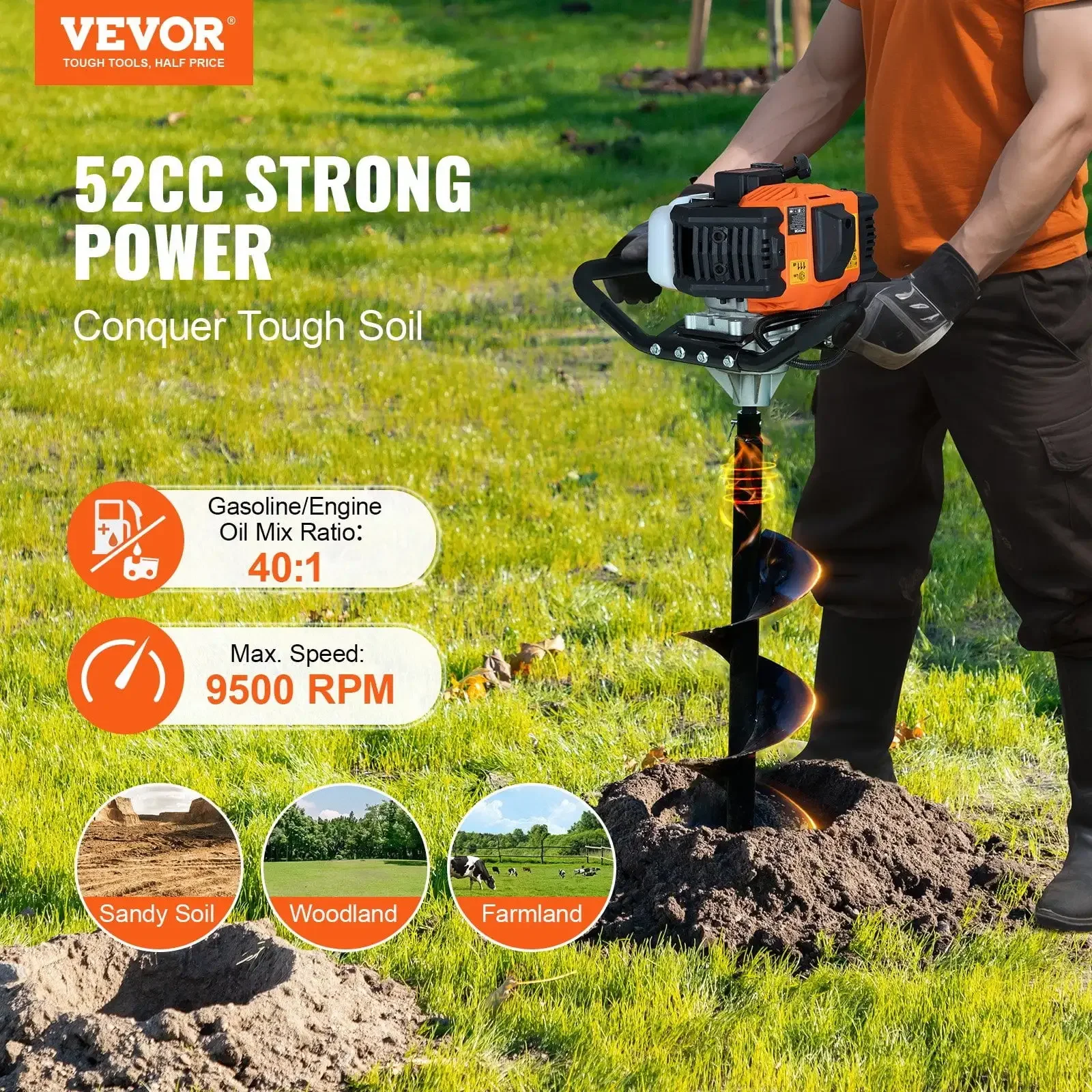 

Gas Post Hole Digger 52CC 1450W with 8” Drill Bits 1 Extension Rod