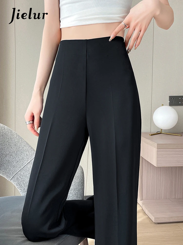 

Jielur Slim Pure Color Female Suit Pants Black Straight Full Length Summer Wide Leg Pants Simple Streetwear Women Trouser Zipper