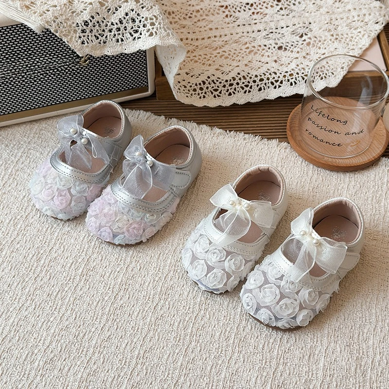 Girls Princess Mary Jane Shoes Lace Floral Children Flats Leather Shoes with Bow Pearls Fashion Kids Wedding Dress Shoes Sweet