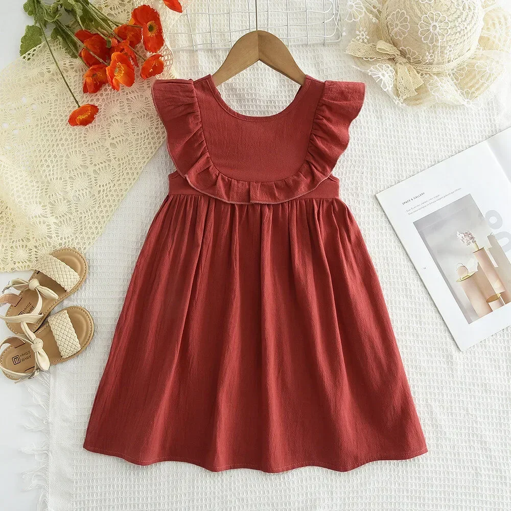 Cotton Red Dresses Baby Girls Solid Color Backless Casual Wear 2 -6Y Round Necked Wooden Ear Edge Kids Clothes