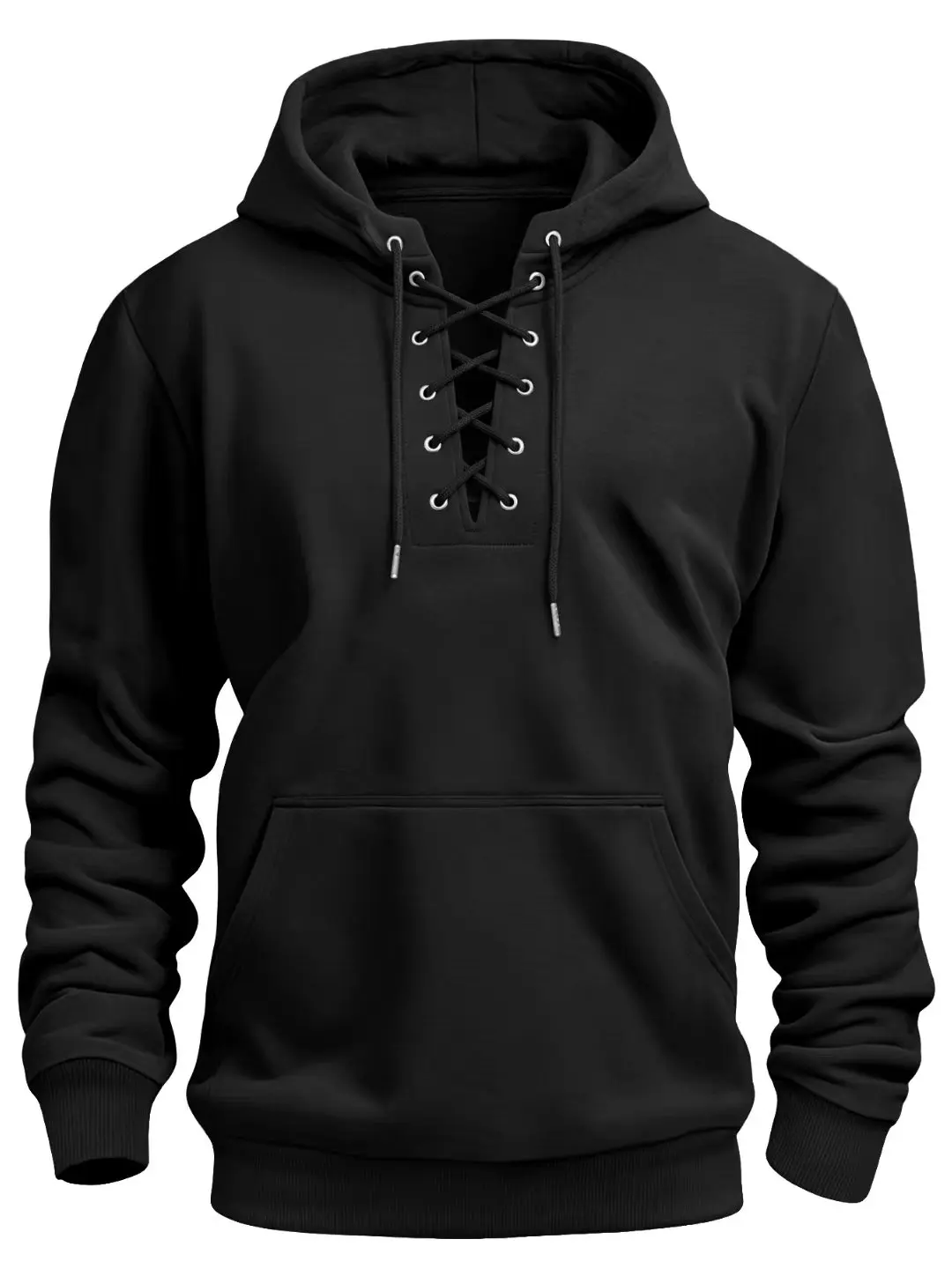 Herren Retro-Stil Kapuzenpullover mit Schnürung, locker geschnittener Langarm-Pullover in Unifarben-Design für Herbst und Winter. – Detail 3