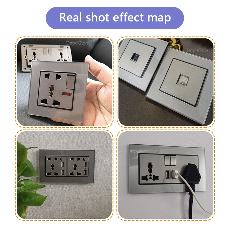 منفذ مزدوج UK 13A 220V مع شحن سريع 18 وات من النوع C، لوحة مفاتيح إضاءة 1/2 طريقة، سطح من الزجاج المقسى، مقبس حائط للتلفزيون/الهاتف #6