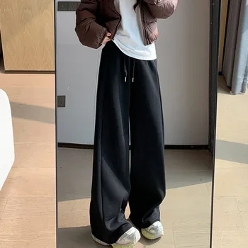 Korean-Style Fleece-Lined Wide-Leg Sweatpants 3 Korean Fashion Wide Leg Sweatpants Female Autumn Winter Streetwear Loose Fleece Thickened Pants Woman High Waist Casual Pants 3