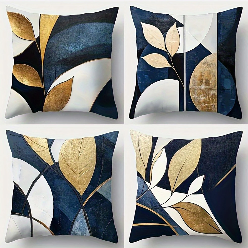 

4 шт., наволочка с рисунком синего и золотого листьев, подходит для дивана, автомобиля, спальни, декоративная наволочка, наволочка