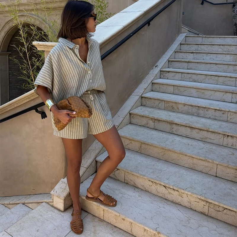 

2025 Summer Casual Striped Lace Up Women Shorts Suits Lapel Half Sleeve Single Breasted Shirt Wide Leg Shorts New Chic Lady Sets