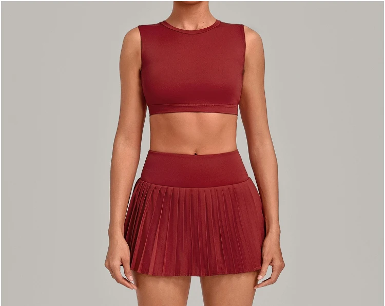 VITALINOVO Tennisrock-Sets für Damen, Rundhals-Camisole-Oberteil, passend dazu hochtaillierter, plissierter Sportrock für Damen, ideal für Tennis, Golf und Workouts – Detail 2