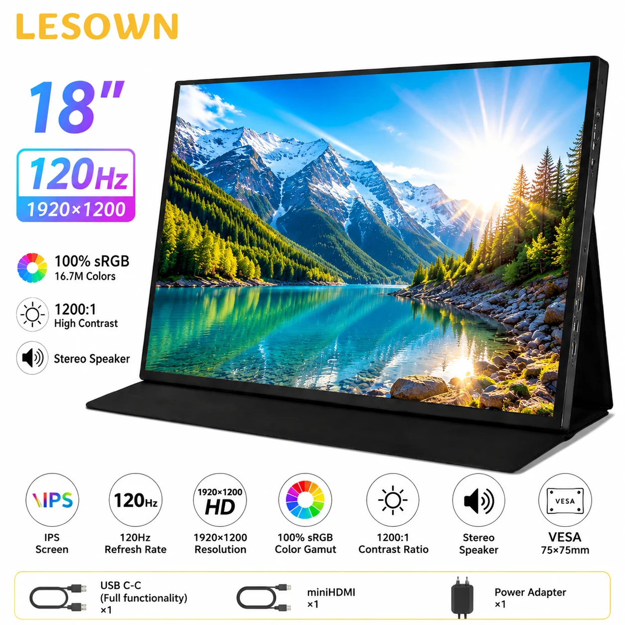 

LESOWN 2K 18.0" Laptop Screen Extender Plug and Play Aluminum Alloy Monitor with Built-in Speakers for Remote Work